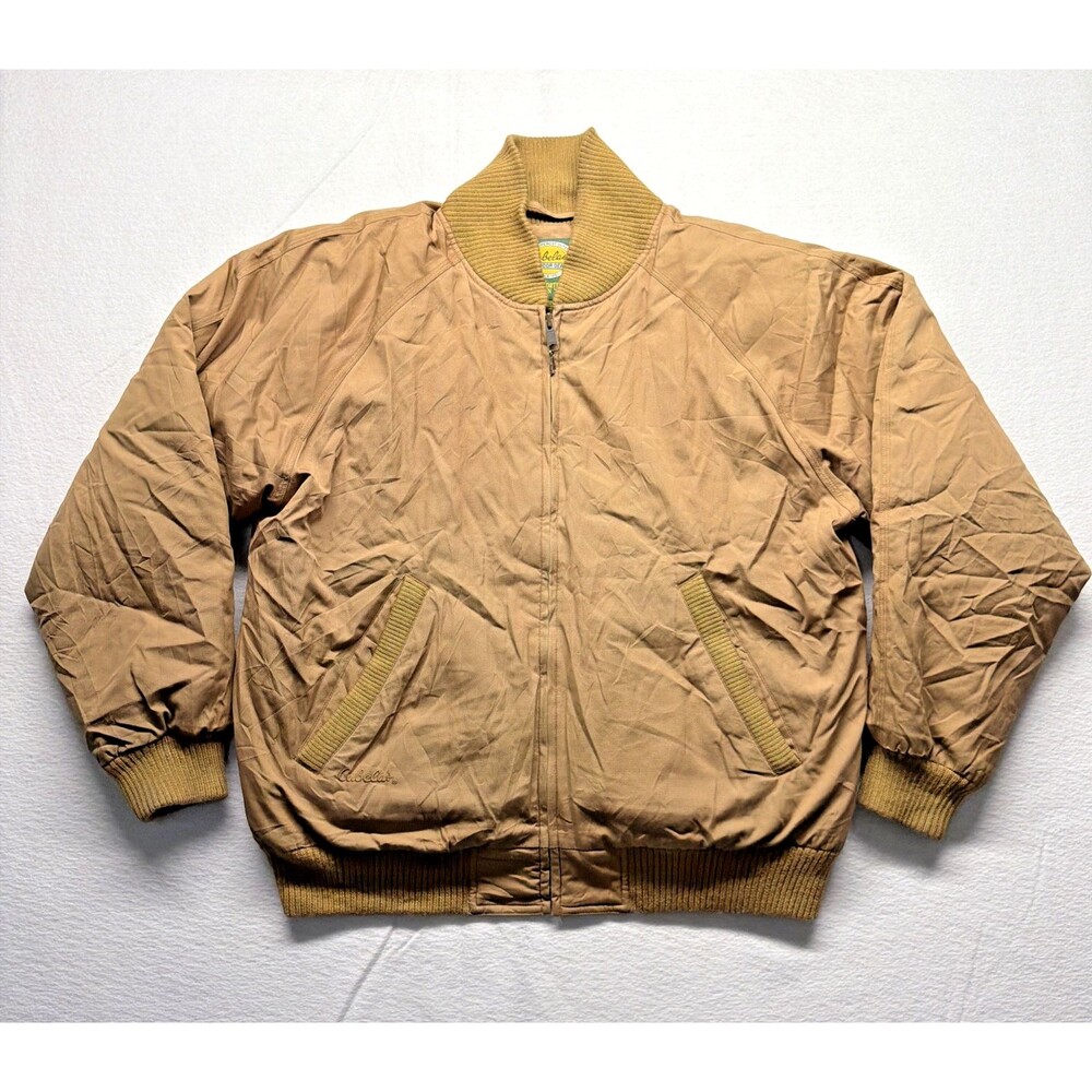 Vintage 80s Cabelas Premier Northern Goose Down Jacket Tan Bomber Hunting Mens L